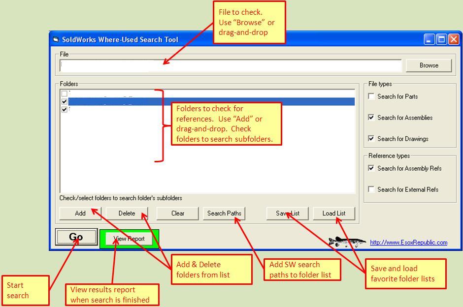 Where-Used Interface Annotated screen shot of interface.
